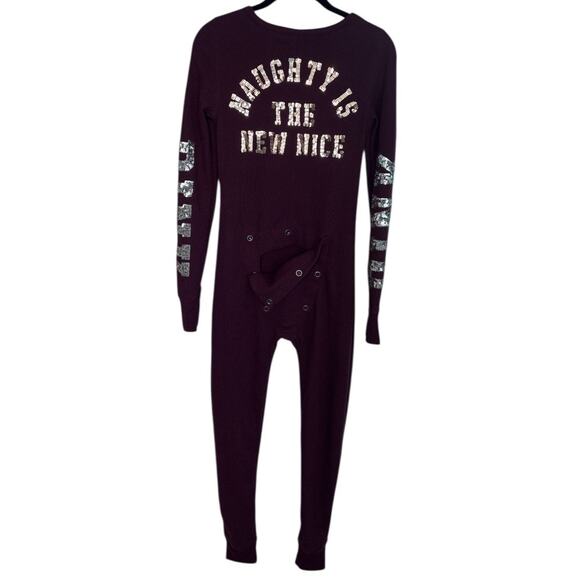 VS PINK Bling Thermal Naughty New Nice One Piece Pajama Size Small Butt Flap - Picture 5 of 10